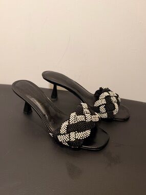 14th & Union Black and White Braided Bead Slide Kitten Heels